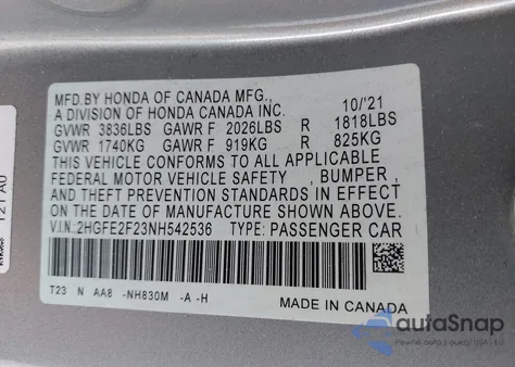 2022 Honda Civic Lx z USA, uszkodzony, nr VIN 2HGFE2F23NH542536